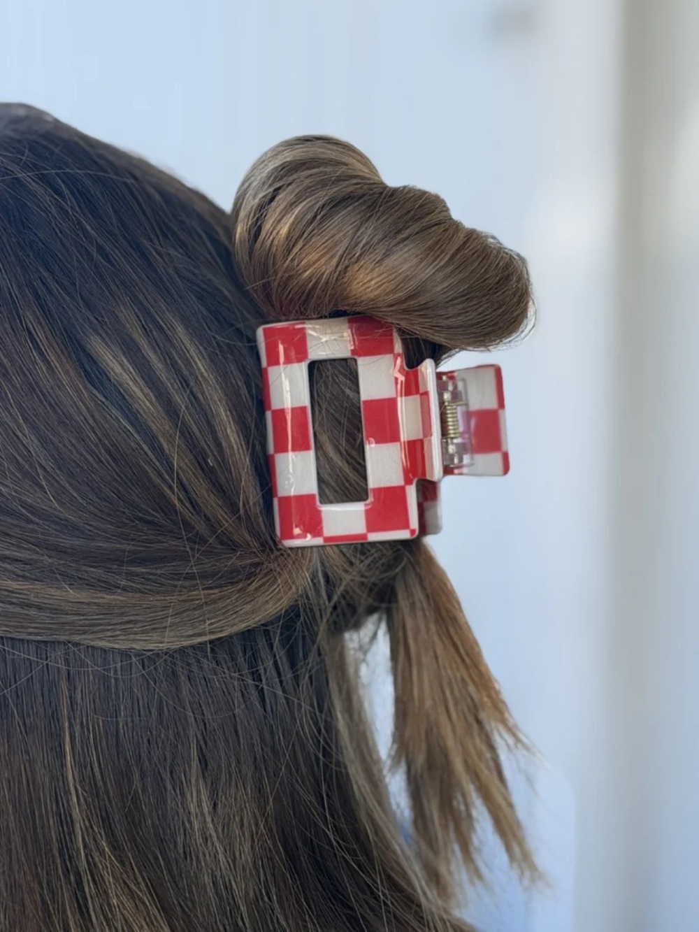 Red & White Checker Square Hair Claw Clip